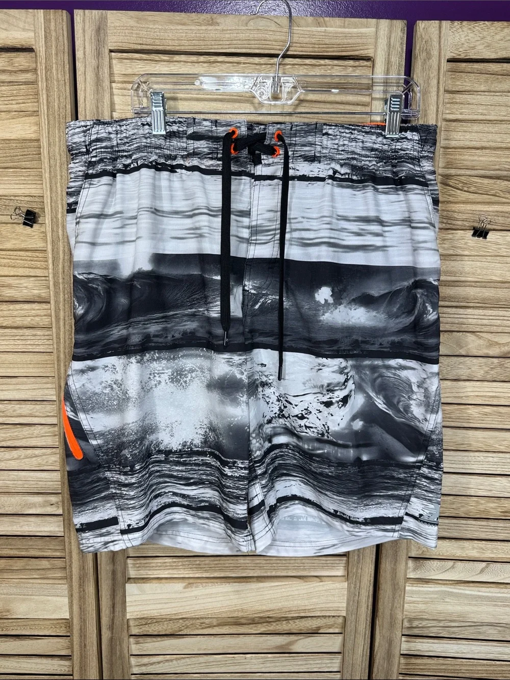 ZeroXposur Men's Black & White Graphic Swim Trunks with Orange Accents Size XL